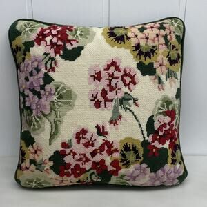 Vtg Needlepoint Throw Pillow Floral Velvet Green Back Bed Couch Living Room